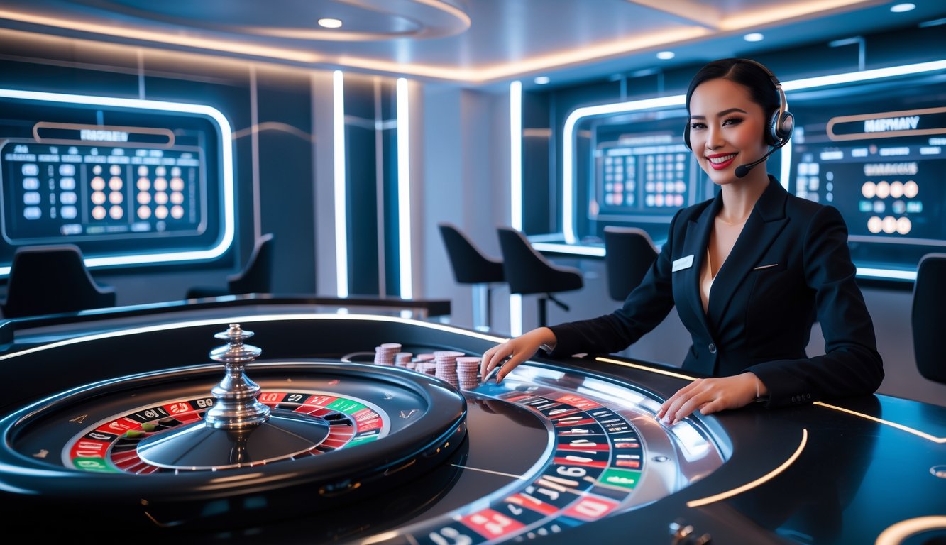 Seorang dealer roulette langsung yang ramah sedang mengoperasikan meja roulette modern dengan layar digital di studio yang canggih.
