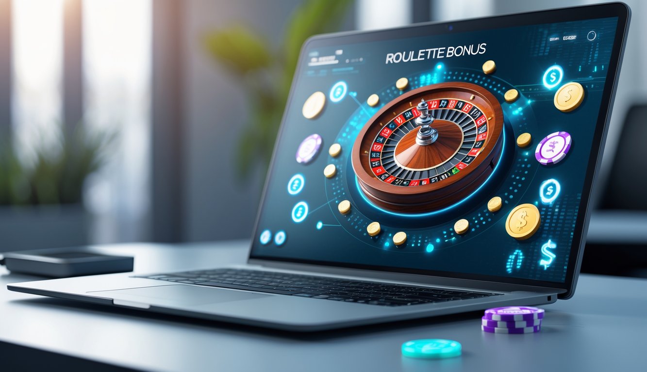 Sebuah laptop menampilkan roda roulette online dengan koin digital dan chip di sekitar meja yang bersih.