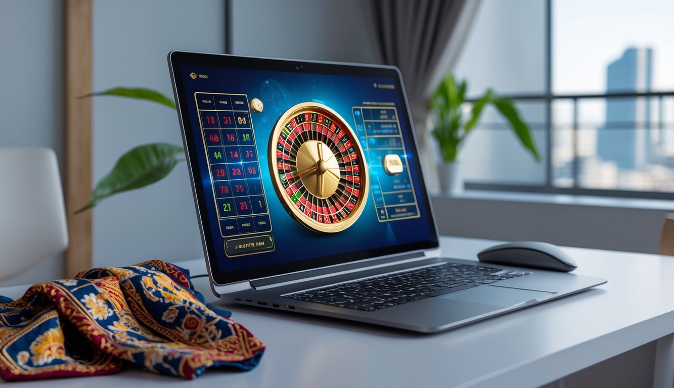 Sebuah meja dengan komputer menampilkan roda roulette digital yang berputar, dikelilingi elemen budaya Indonesia dan latar kota futuristik.