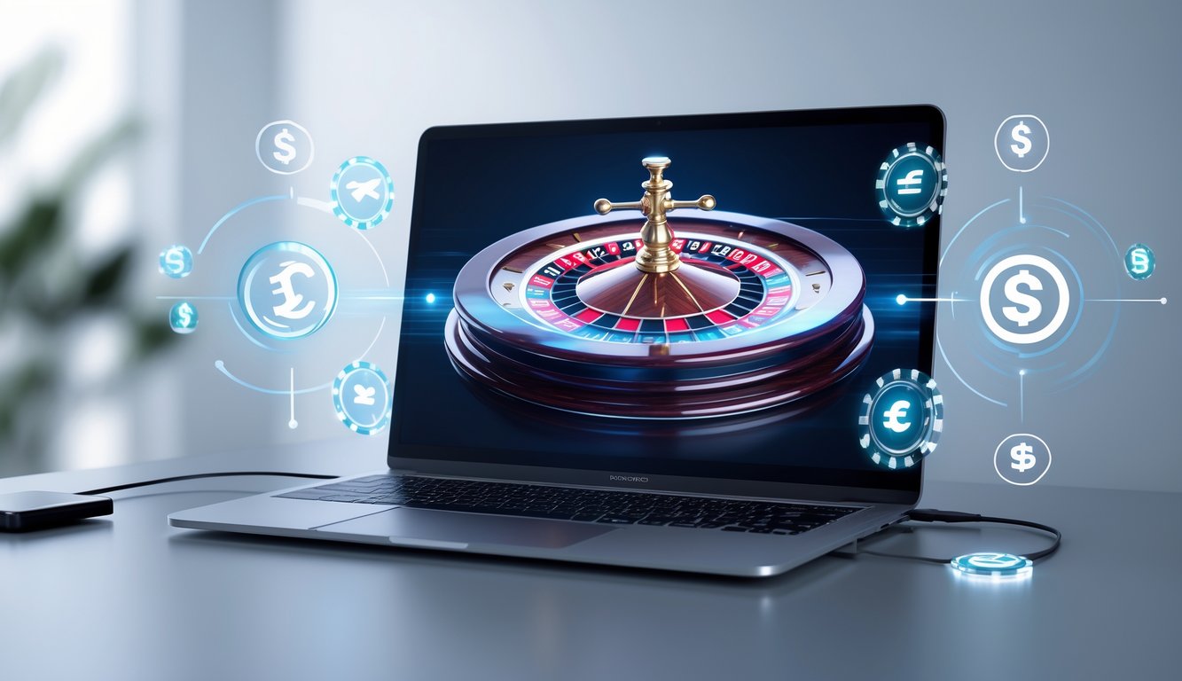 Sebuah komputer menampilkan roda roulette digital dengan ikon pembayaran cepat di sekitarnya.