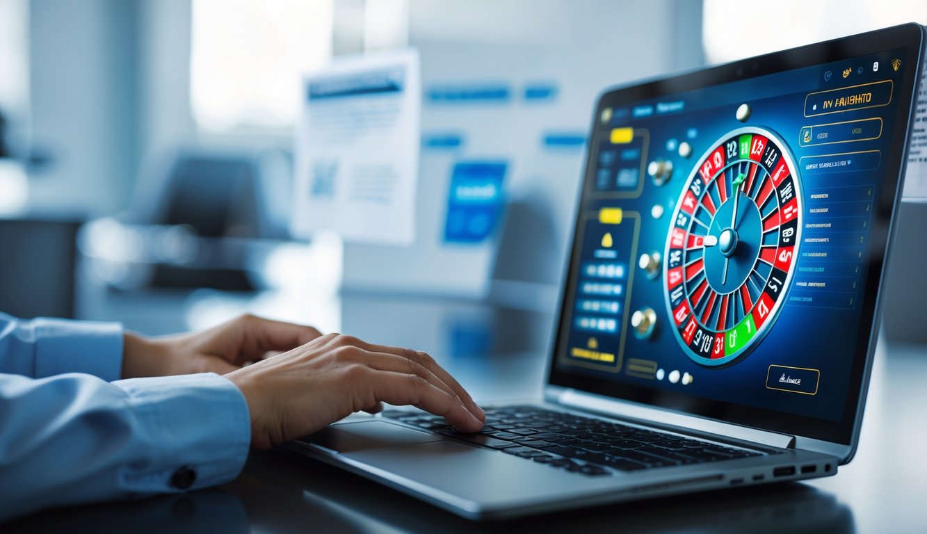 Seorang pengguna bermain roulette online di depan laptop di lingkungan kantor yang rapi dan profesional.