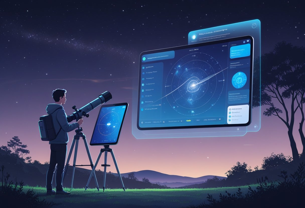 An amateur astronomer outdoors at dusk using a tablet with AI-generated star maps and a telescope under a clear starry sky.