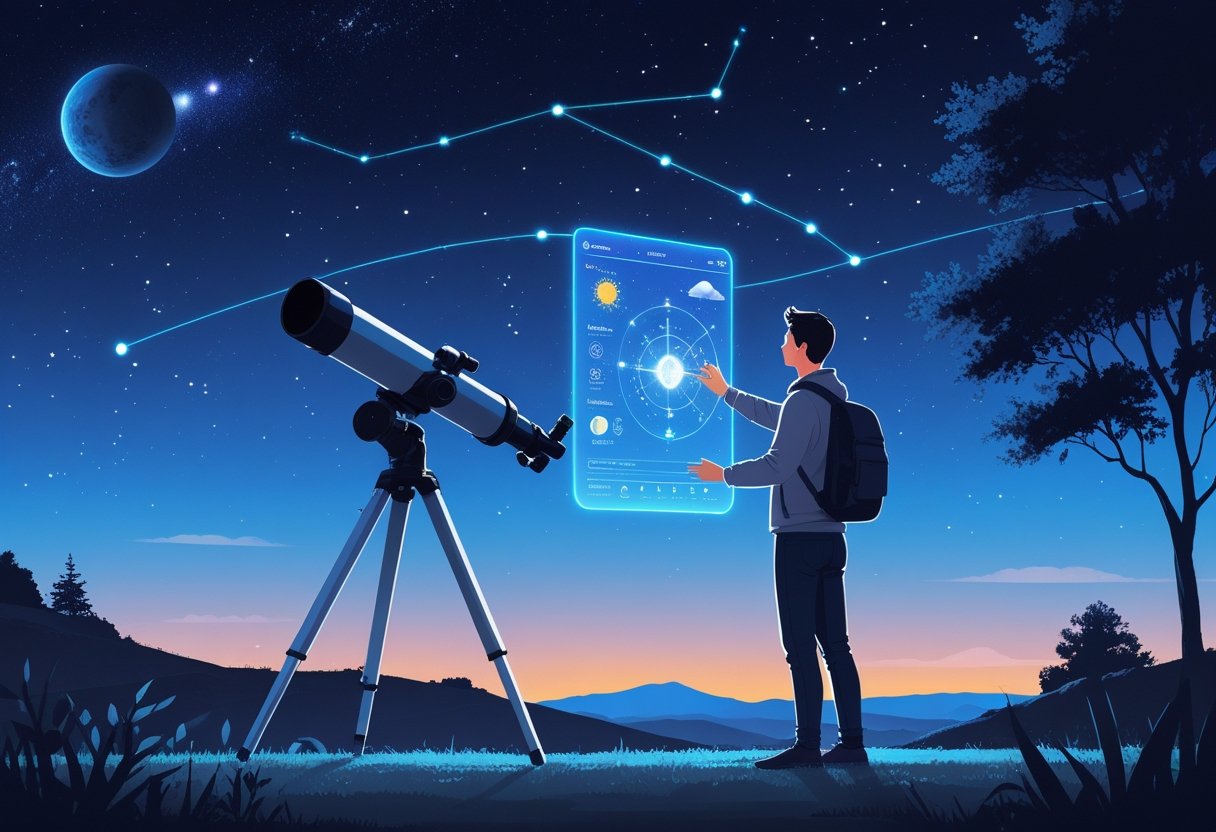 An amateur astronomer outdoors at dusk using a holographic interface by a telescope under a clear sky with stars and constellations.