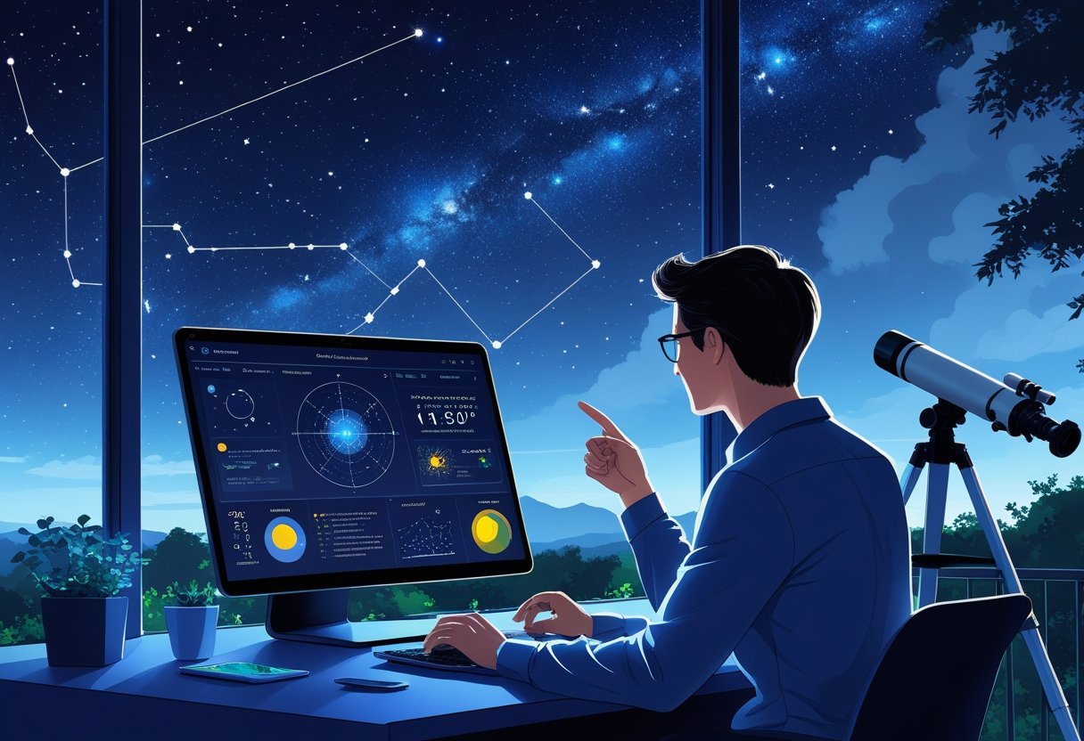 An amateur astronomer using a laptop with star maps and AI tools to plan a night of stargazing, with a telescope set up outside under a clear, starry sky.
