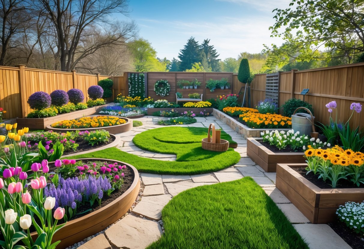 A backyard with seven different flower garden designs featuring colorful flowers, wooden planters, stone beds, and a small bench.