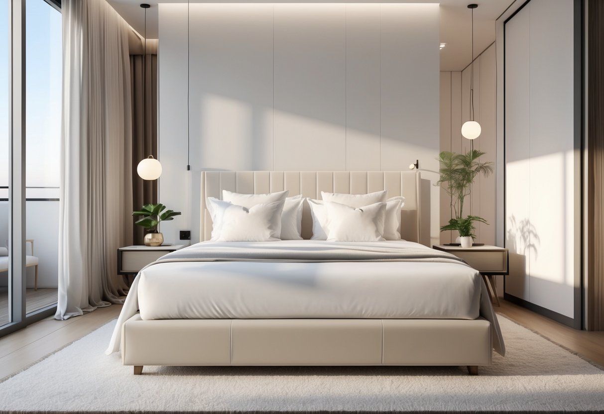 Une chambre moderne avec un grand lit 160x200 bien fait, éclairée par la lumière naturelle, avec une table de chevet et une plante.