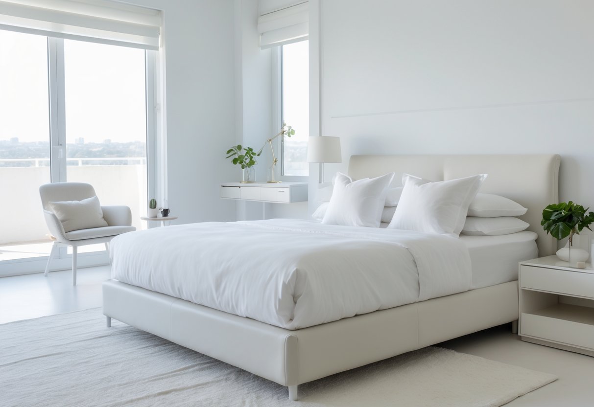 Chambre lumineuse avec un grand lit 160x200 bien fait et un mobilier moderne, mettant en valeur un espace confortable et spacieux.