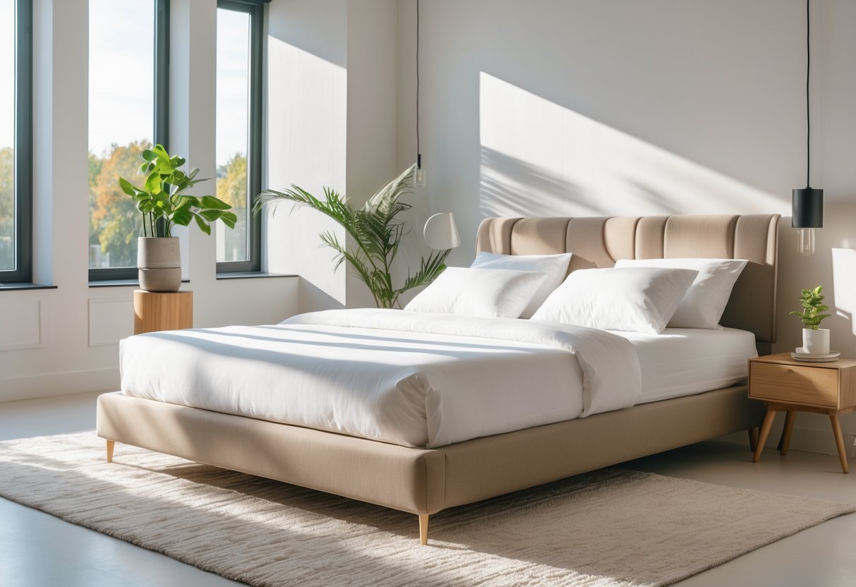 Chambre moderne avec un grand lit 160x200 bien fait, éclairée par la lumière naturelle, décorée de manière simple et élégante.
