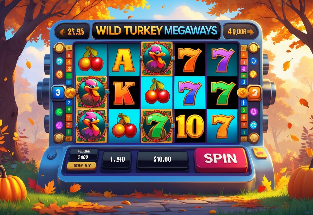 Ilustrasi mesin slot dengan simbol kalkun liar dan elemen hutan musim gugur di latar belakang.