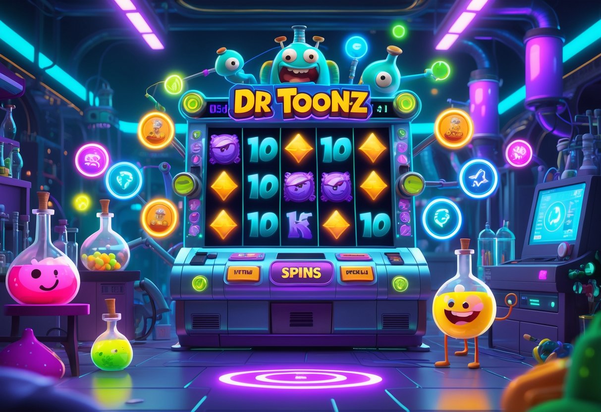 Ilustrasi profesional yang menampilkan mesin slot Dr Toonz dengan karakter ilmuwan gila dan makhluk lucu di laboratorium futuristik yang penuh warna.