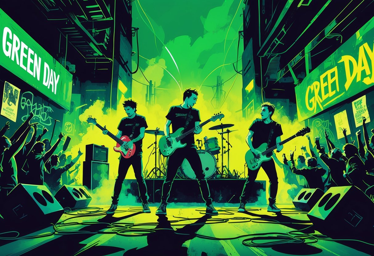 Tiga anggota band sedang tampil energik di atas panggung dengan gitar dan drum, di depan kerumunan penonton yang antusias.