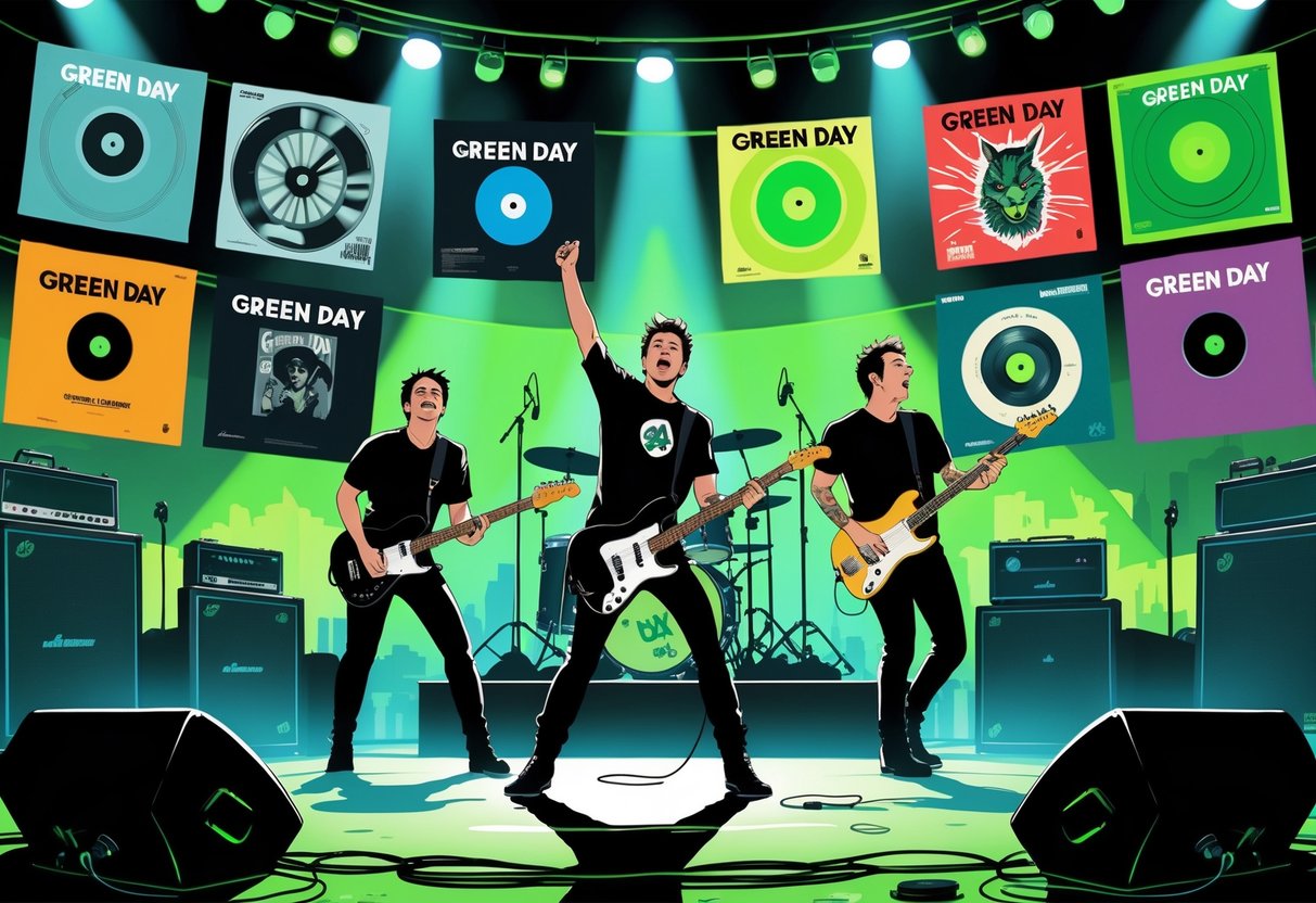 Tiga anggota band Green Day sedang tampil di atas panggung dengan latar belakang album-album ikonik mereka, dikelilingi oleh alat musik dan lampu panggung berwarna hijau.