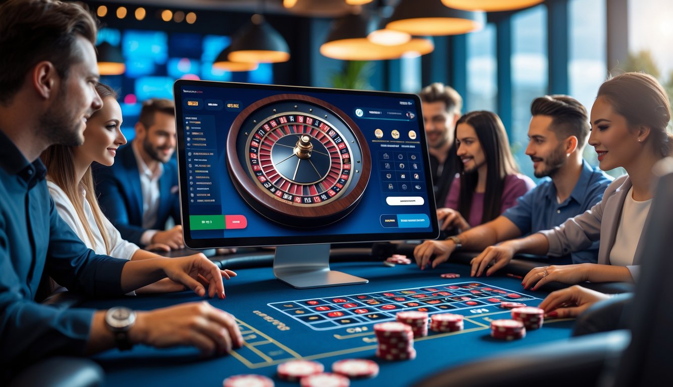 Beberapa orang bermain roulette online di depan komputer dengan roda roulette digital di layar.