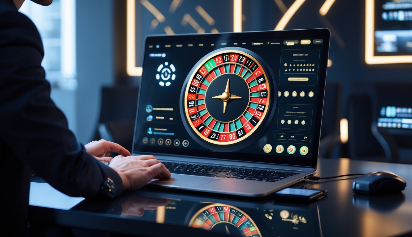 Seorang pemain sedang menggunakan komputer dengan tampilan roda roulette digital di layar, suasana modern dan profesional untuk permainan roulette online.