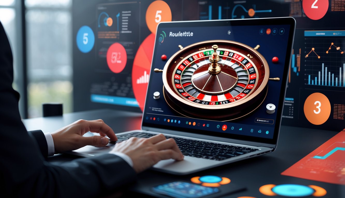 Sebuah meja kerja modern dengan komputer menampilkan roda roulette online yang berputar dan tangan seseorang siap mengoperasikan perangkat.
