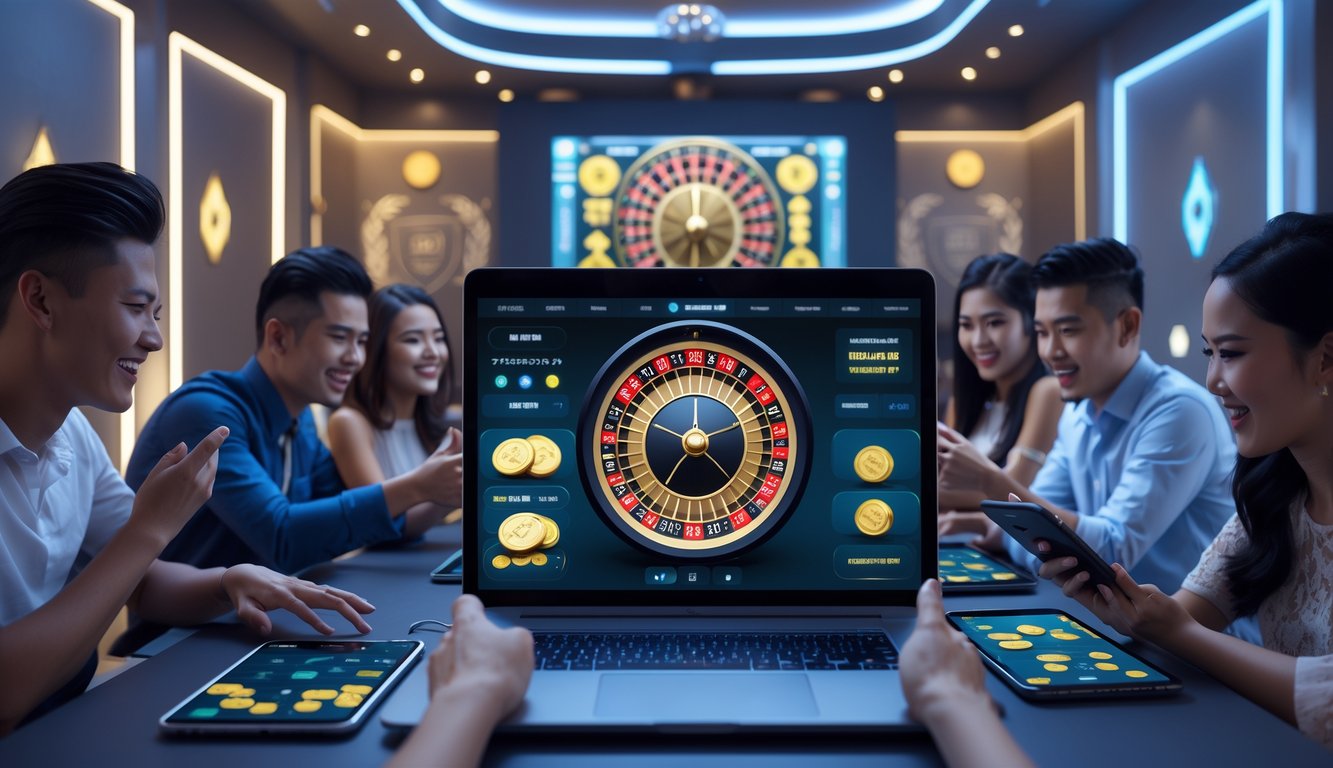 Beberapa orang bermain roulette online menggunakan berbagai perangkat di ruangan modern dengan suasana yang ceria dan profesional.