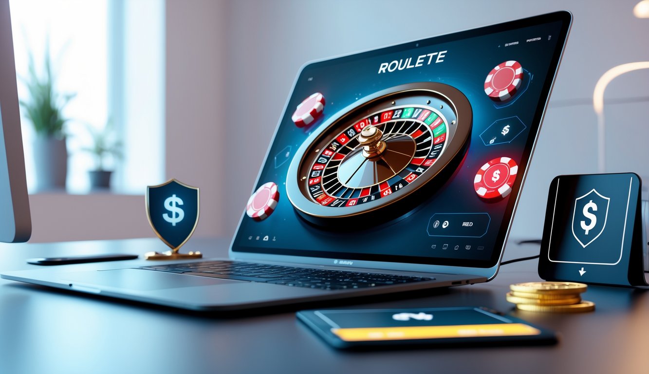 Sebuah komputer menampilkan roda roulette digital yang berputar dengan latar ruang kerja modern yang bersih dan pencahayaan lembut.