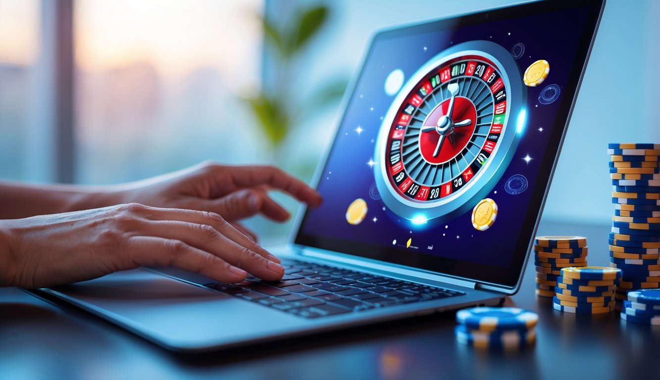 Seseorang menggunakan perangkat digital dengan roda roulette online berwarna cerah yang sedang berputar, dikelilingi oleh tumpukan chip taruhan.