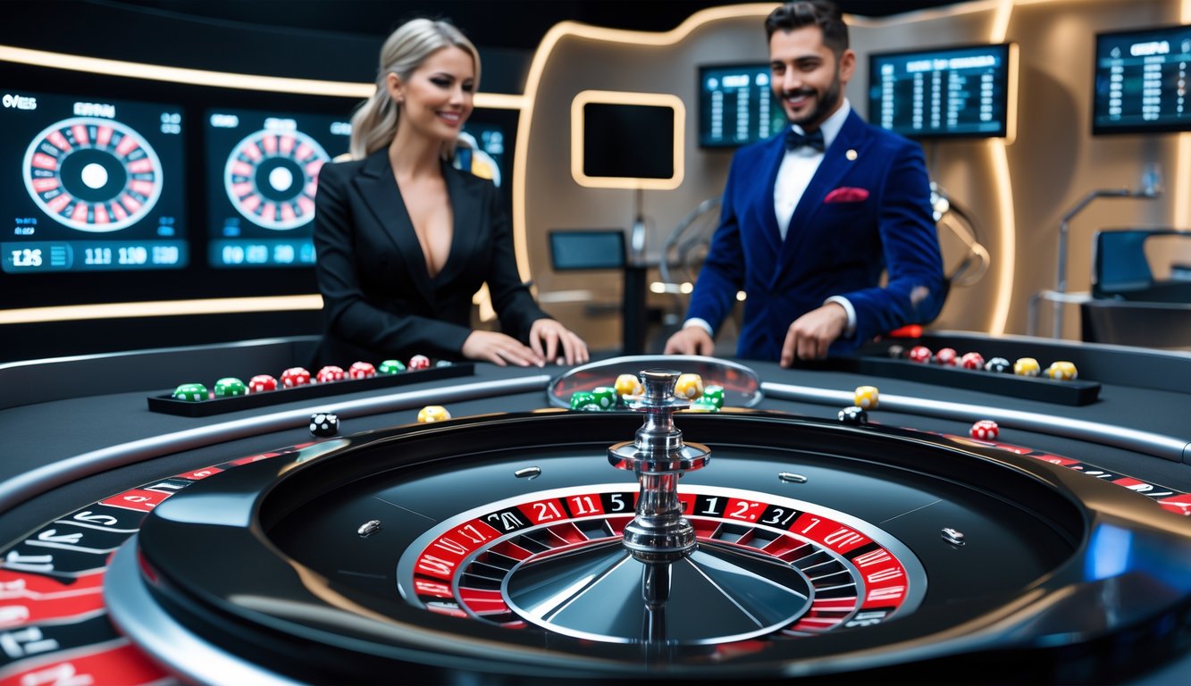 Seorang dealer live yang ramah sedang mengelola permainan roulette online dengan meja roulette modern dan layar digital di studio yang terang.