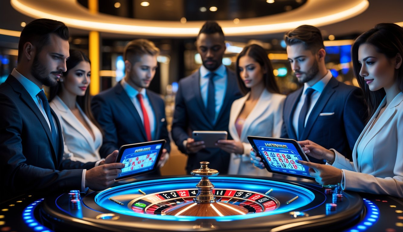 Beberapa pemain profesional sedang bermain roulette online di meja digital modern dengan latar lounge permainan yang mewah.