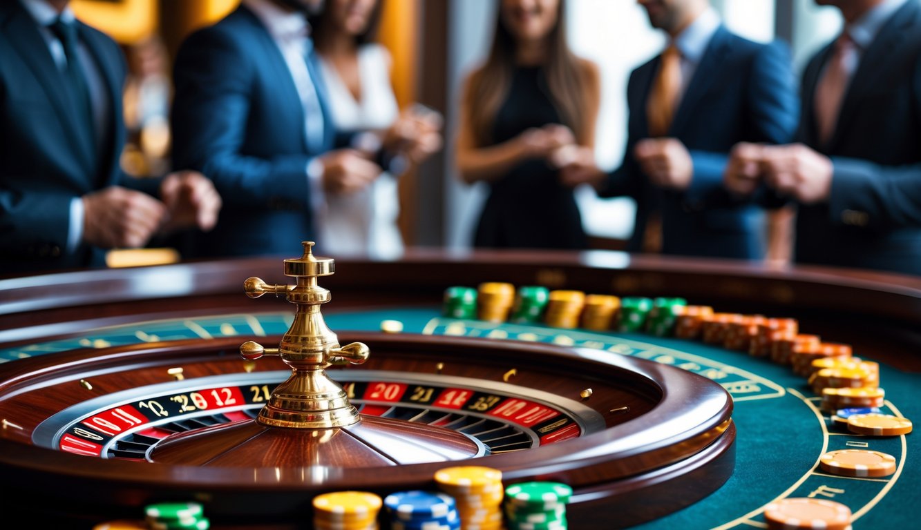 Meja roulette kasino modern dengan roda roulette berputar dan chip warna-warni, dikelilingi oleh orang-orang yang bermain.