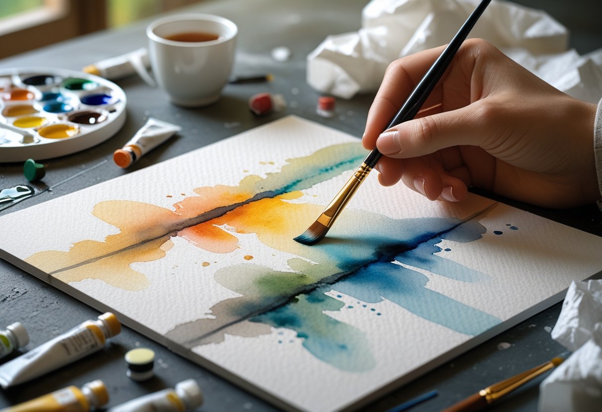 An artist's hand painting with watercolors on paper surrounded by paint tubes, a palette, and a cup of water.