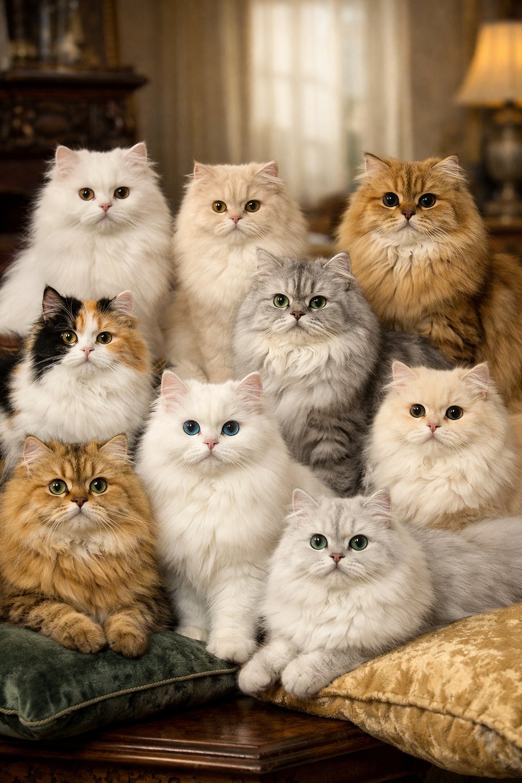 Ten Persian cats with fluffy long fur in various colors sitting and lying on cushions and furniture indoors.