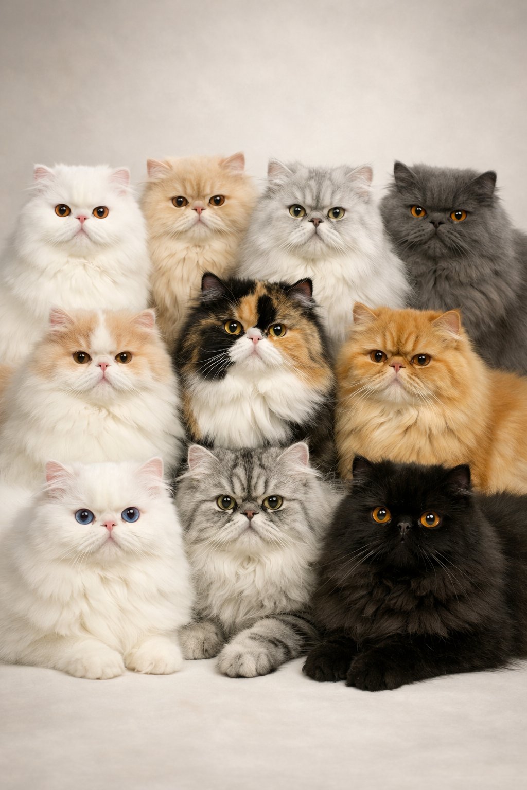 Ten Persian cats with flat faces and long fur sitting together against a plain background.