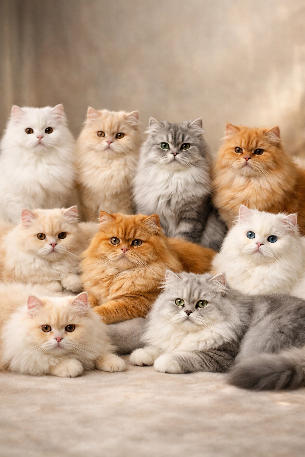 Ten Persian cats with long, thick fur sitting and lying together on a soft surface.