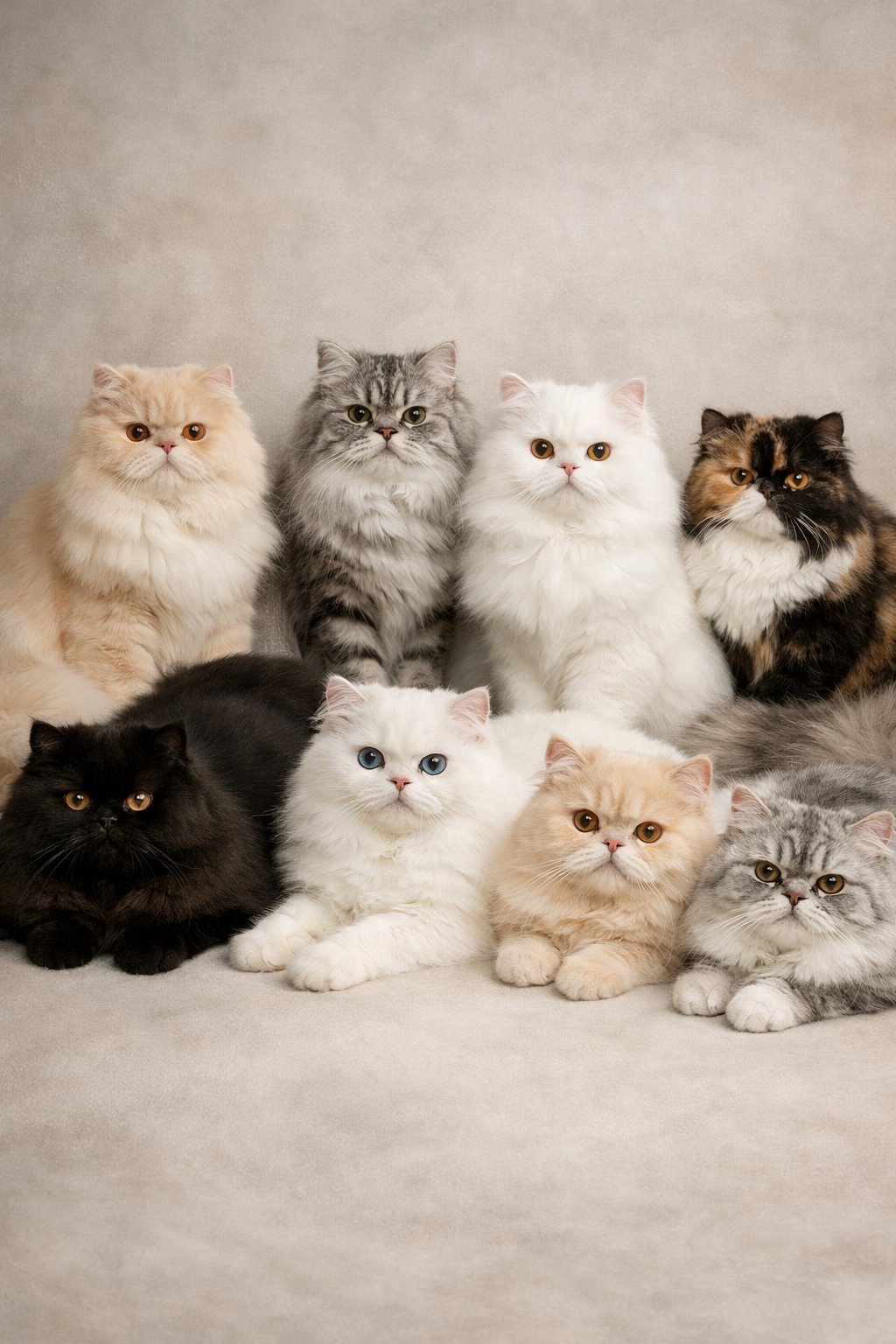 Ten Persian cats with different fur colors sitting and lying together on a neutral background.