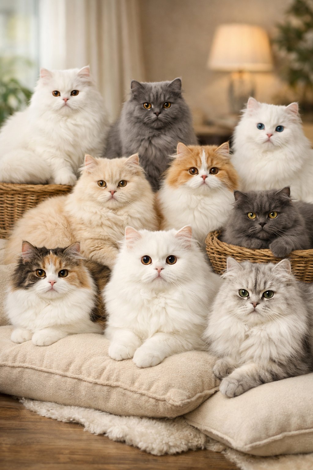 Ten Persian cats with fluffy coats sitting and resting indoors on cushions and furniture.