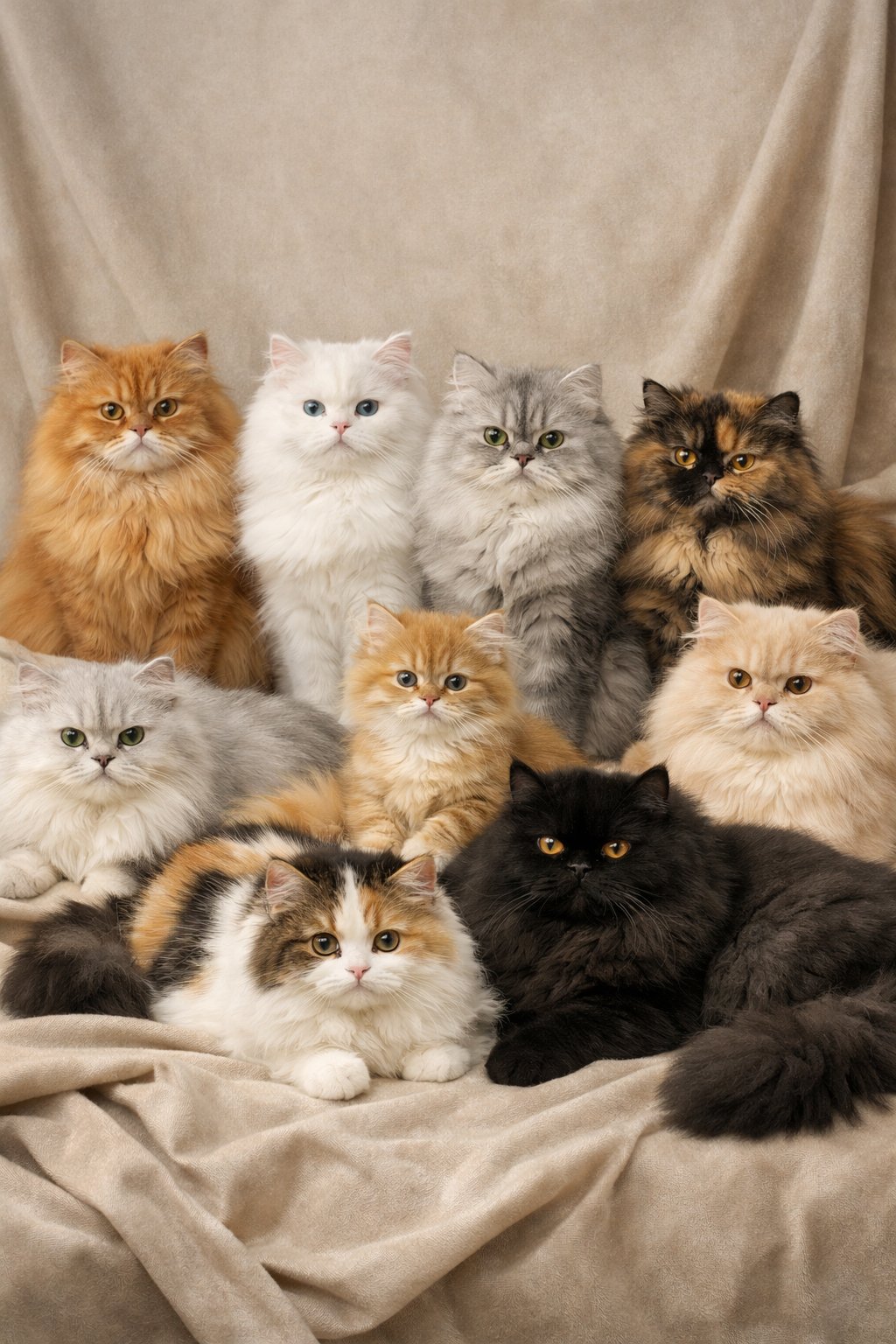 Ten Persian cats with different colors and patterns sitting and lounging together on a soft fabric surface indoors.