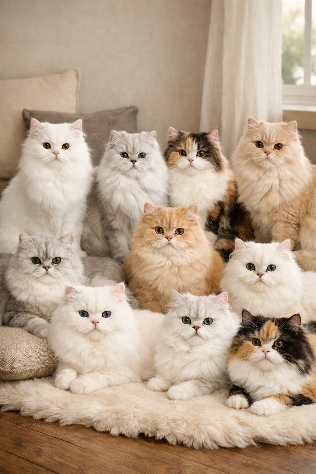 Ten Persian cats with different coat colors sitting and resting indoors on cushions and a wooden floor in natural light.