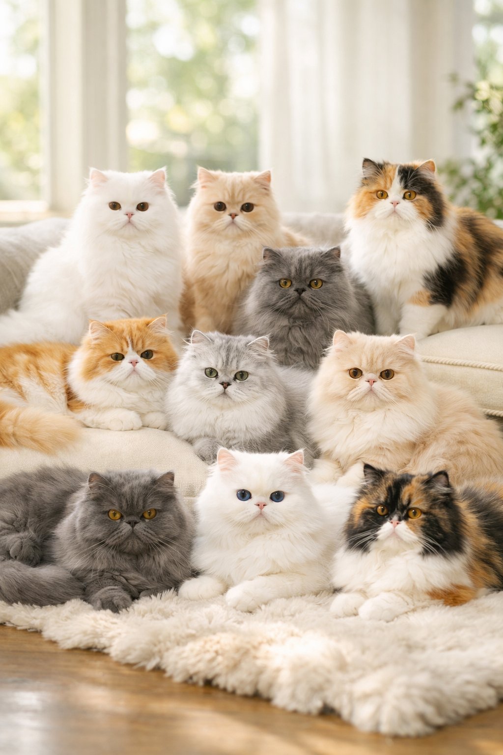 Ten Persian cats with long fluffy fur in various colors resting comfortably indoors on cushions and rugs.