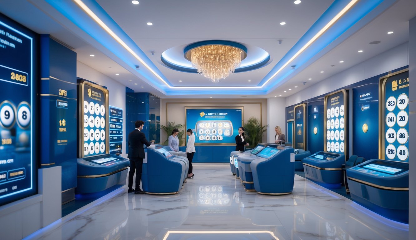 Suasana ruang permainan lotere modern dengan bola lotere dan layar digital, menunjukkan kepercayaan dan profesionalisme.