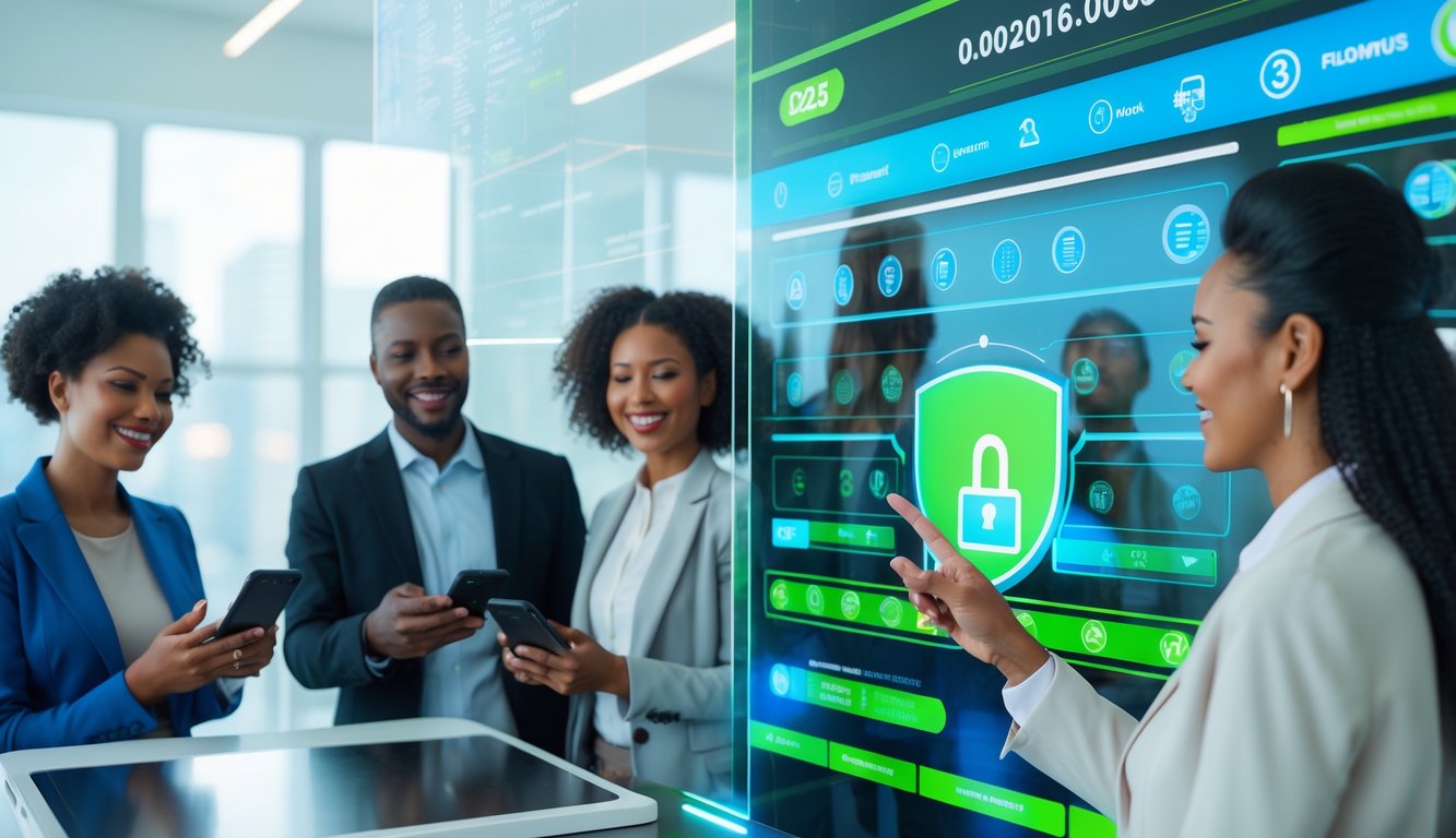 Orang-orang menggunakan perangkat digital di lingkungan kantor modern yang terang, berinteraksi dengan antarmuka lotere online yang aman dan resmi.