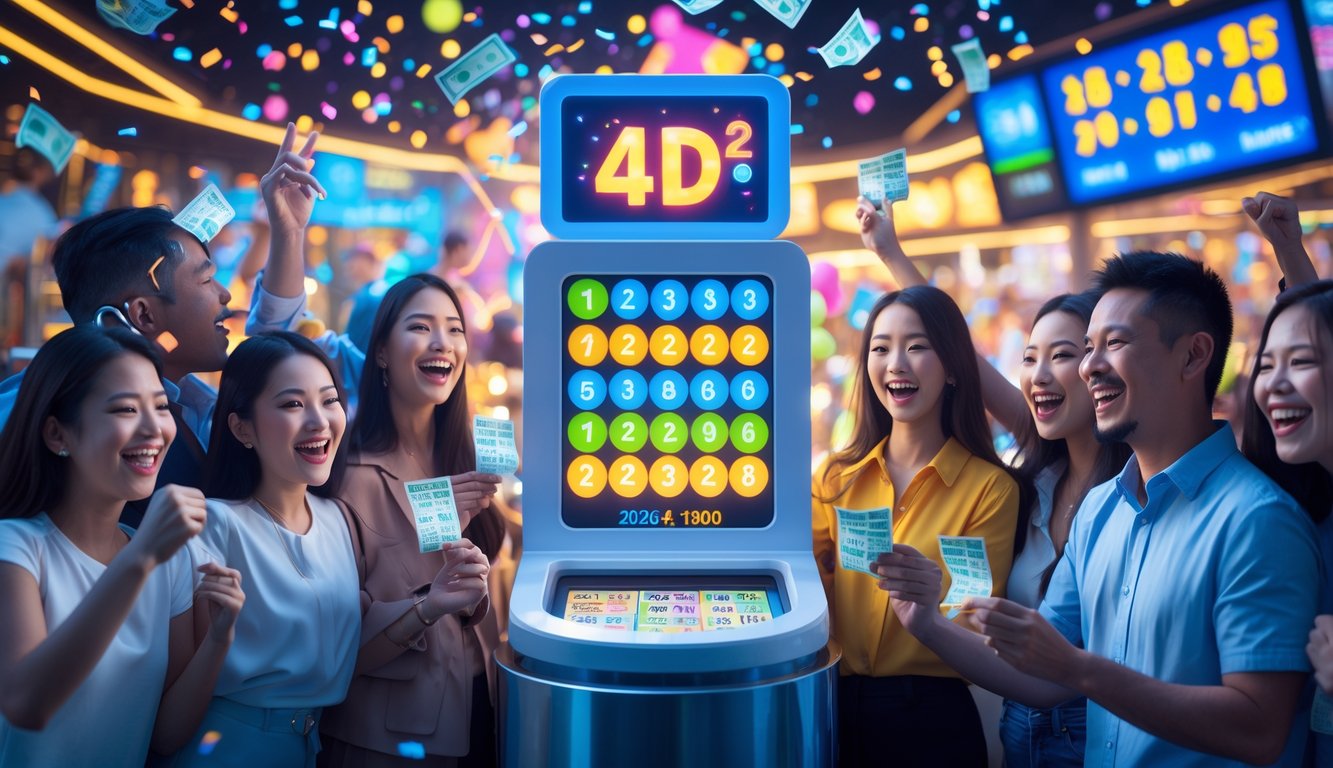 Orang-orang yang bersemangat merayakan di sekitar stan lotere dengan layar digital menampilkan angka dan hadiah utama.