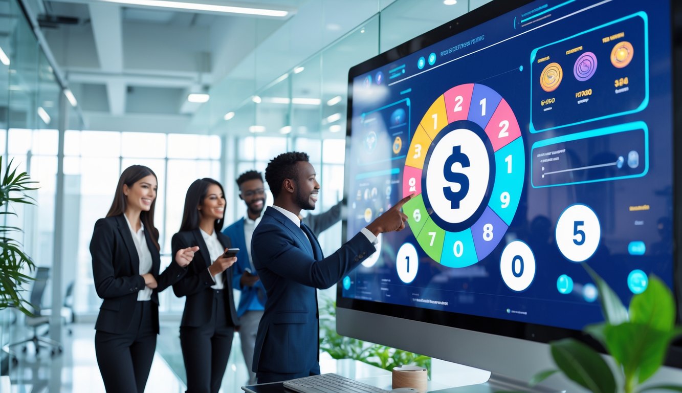 Sekelompok profesional muda sedang berdiskusi di depan layar komputer yang menampilkan antarmuka platform lotere online dengan grafik angka dan data.