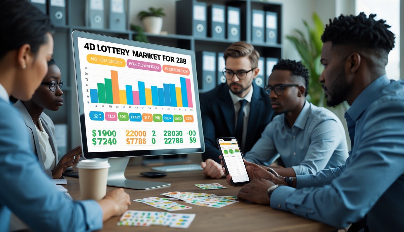 Orang-orang bekerja di kantor modern dengan komputer dan tiket lotere di atas meja.