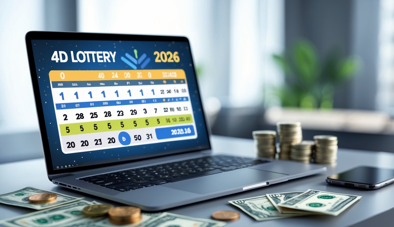 Meja kerja dengan laptop dan ponsel menampilkan antarmuka permainan togel 4D, dengan beberapa koin dan uang di atas meja.