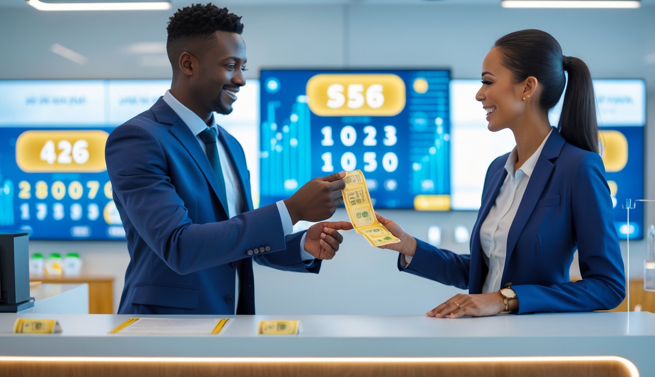 Seorang pelaku bisnis menyerahkan tiket lotre kepada pelanggan yang tersenyum di sebuah kantor modern dengan layar digital di latar belakang.