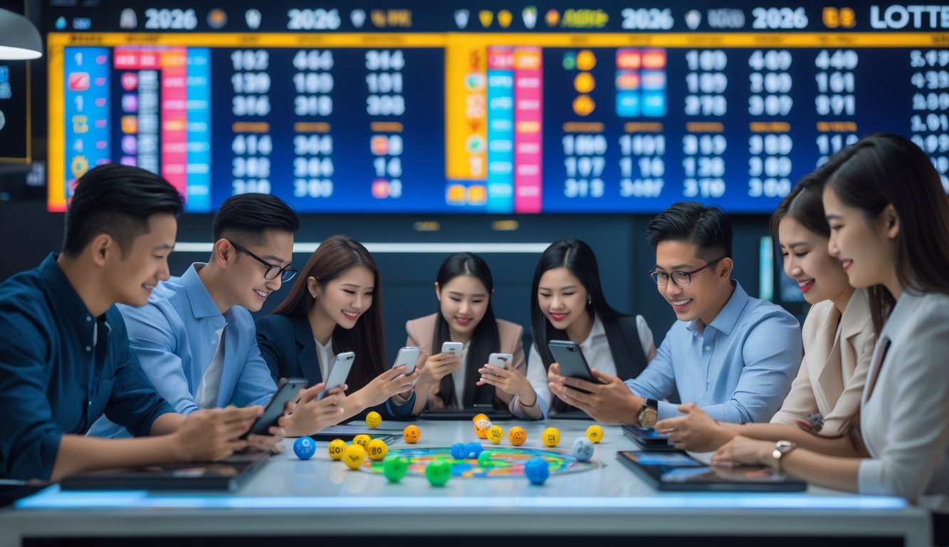 Orang-orang di ruang modern sedang memeriksa hasil togel dan menggunakan perangkat digital dengan suasana antusias dan profesional.