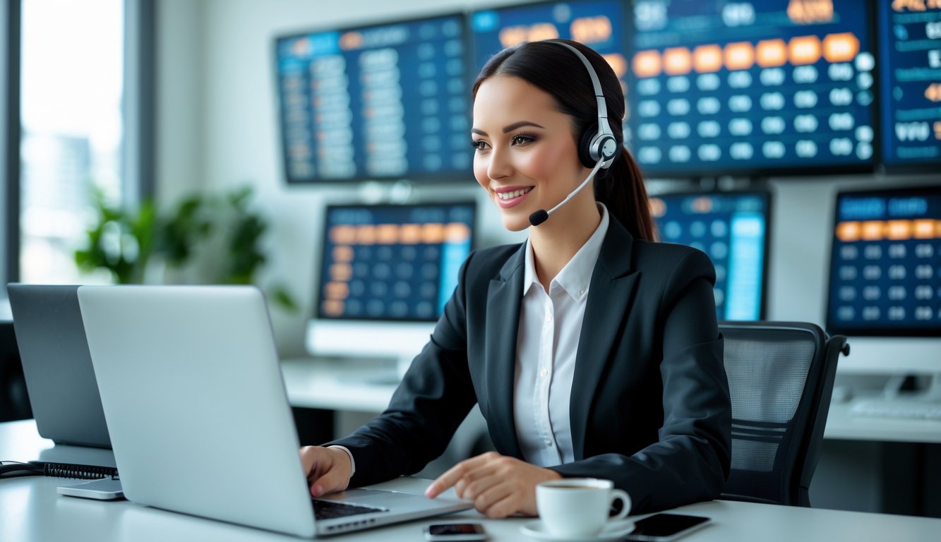 Seorang petugas layanan pelanggan yang ramah sedang bekerja di kantor modern dengan beberapa monitor komputer di latar belakang.