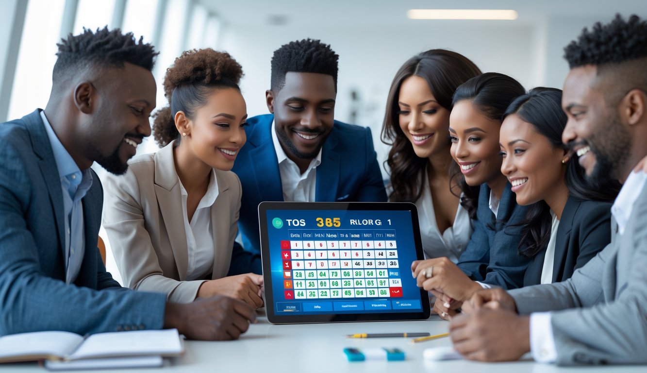 Sekelompok orang percaya diri berkumpul di sekitar perangkat digital yang menampilkan angka lotere dan grafik dalam ruangan kantor modern.