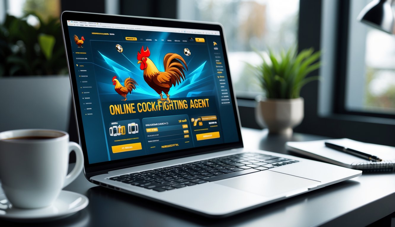 Seorang pria duduk di depan laptop yang menampilkan situs web taruhan sabung ayam online di sebuah meja kerja modern.