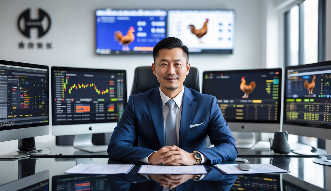 Seorang pria profesional duduk di meja kantor dengan beberapa monitor komputer yang menampilkan data dan video pertandingan sabung ayam.