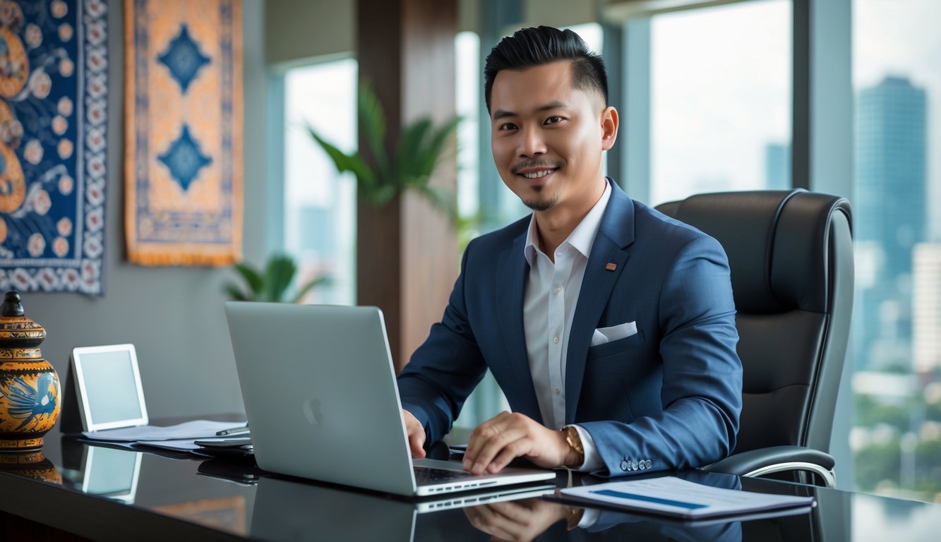 Seorang pria Indonesia duduk di meja kantor modern dengan laptop, latar belakang jendela besar memperlihatkan pemandangan kota.