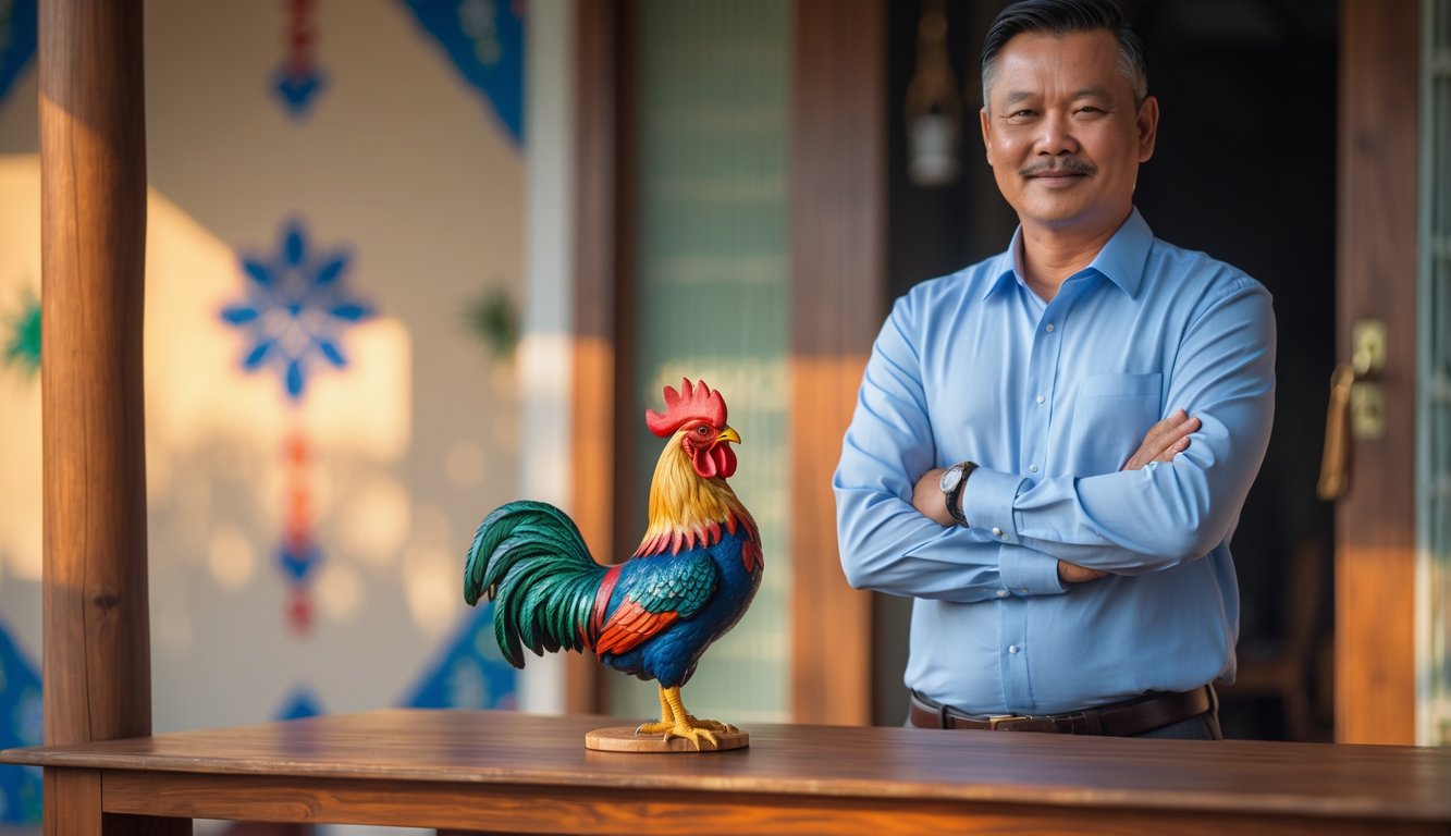 Seorang pria berdiri di samping meja kayu dengan patung ayam jago kecil, latar belakang menampilkan pola batik dan pencahayaan alami yang hangat.