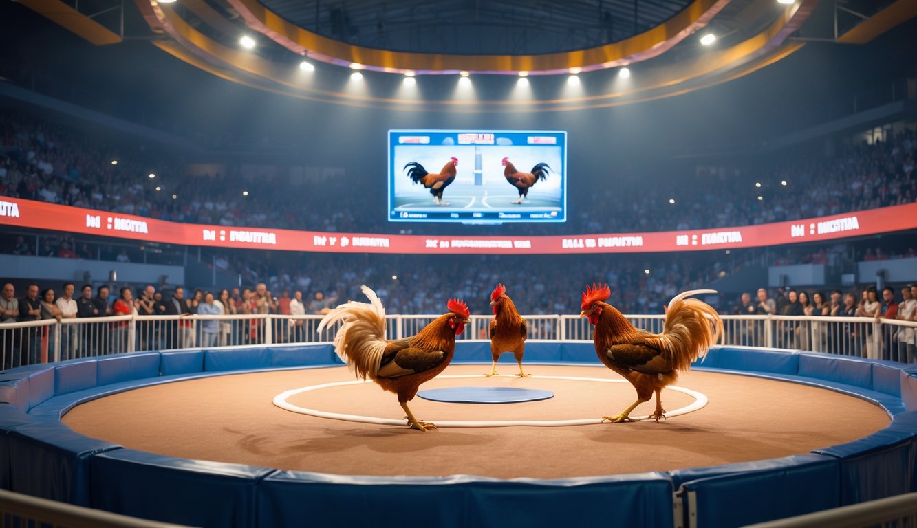 Arena sabung ayam digital dengan dua ayam bertarung di tengah dan penonton yang antusias mengelilingi arena.