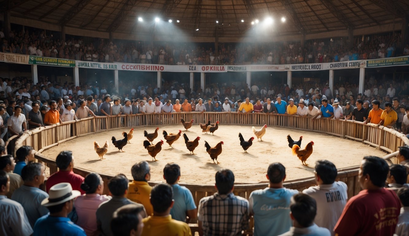 Kerumunan orang yang antusias mengelilingi arena sabung ayam resmi dengan suasana ramai dan penuh semangat.